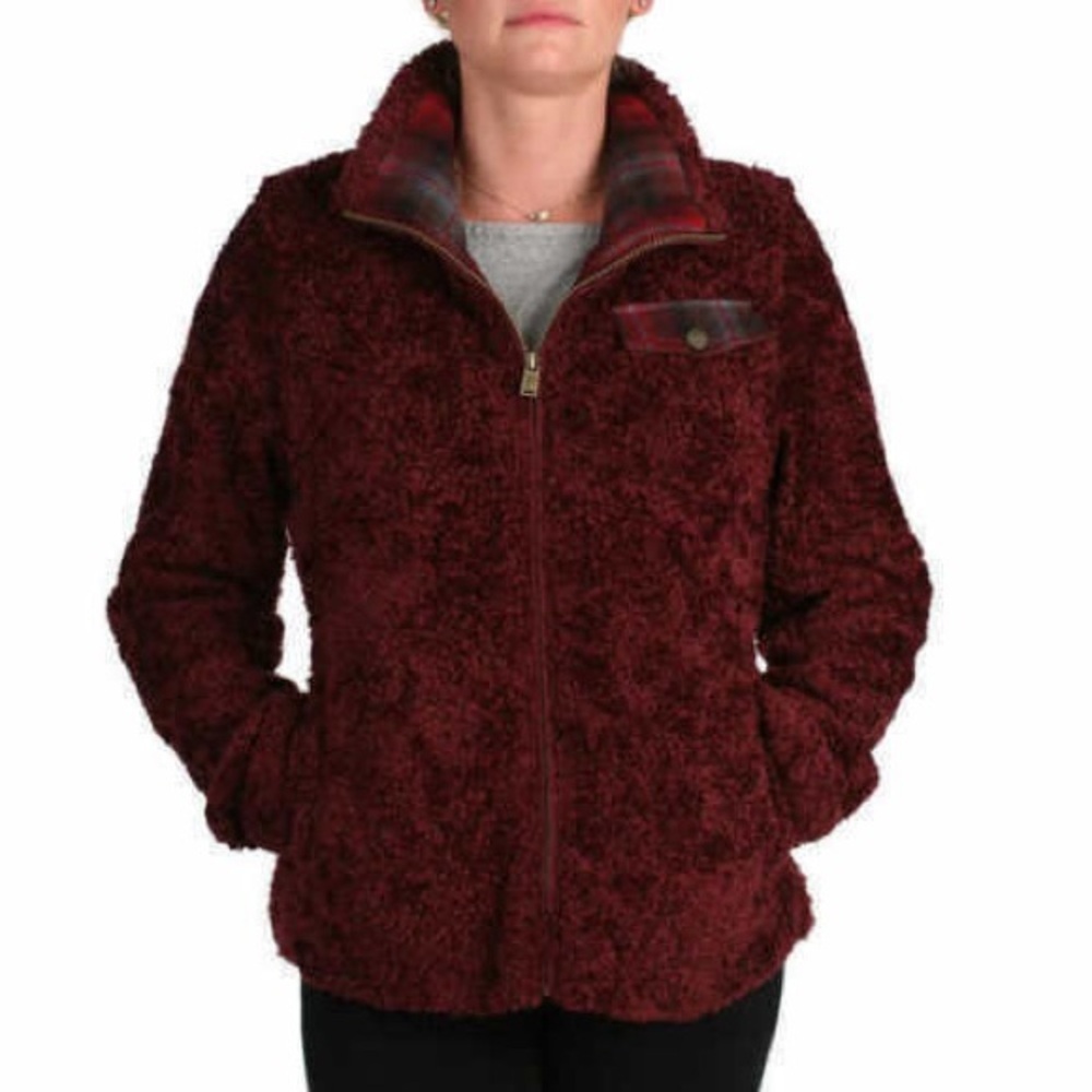Pendleton Burgundy Fuzzy Sherpa Zip Jacket Plaid Pocket Cozy Fleece Size M